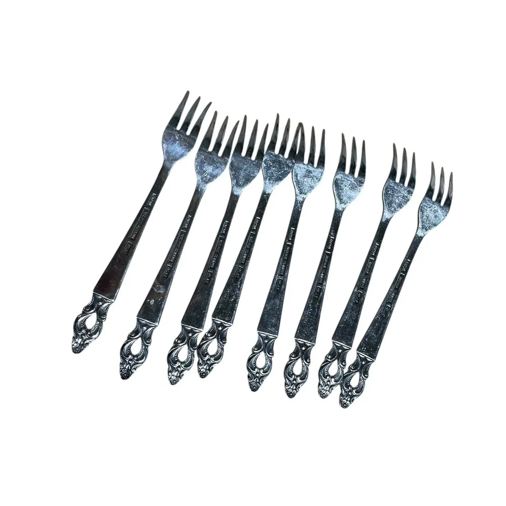 Vintage Olaf Japan National Stainless Dessert Forks Set of 7 Ornate Silver-Tone